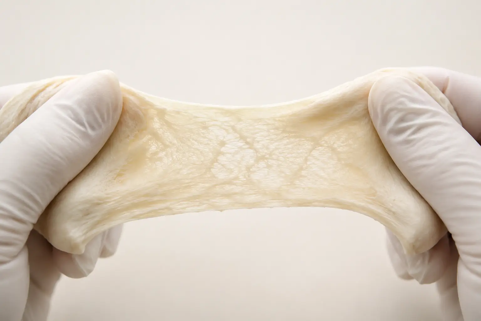 Gloved hands stretching a hydrated protein matrix to reveal its network structure