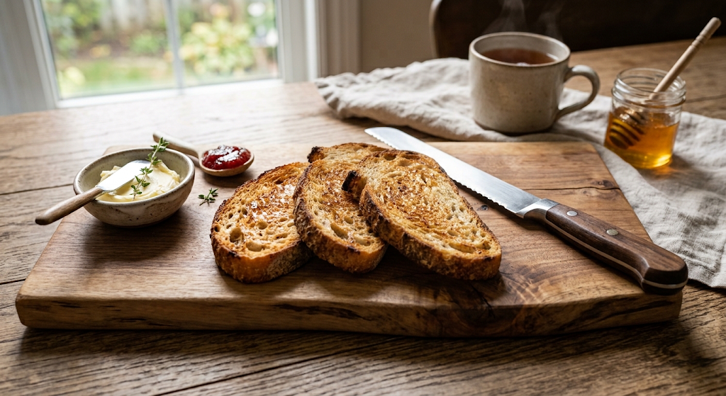 Slices of toasted bread on a wooden board with butter, jam, honey and a cup nearby.