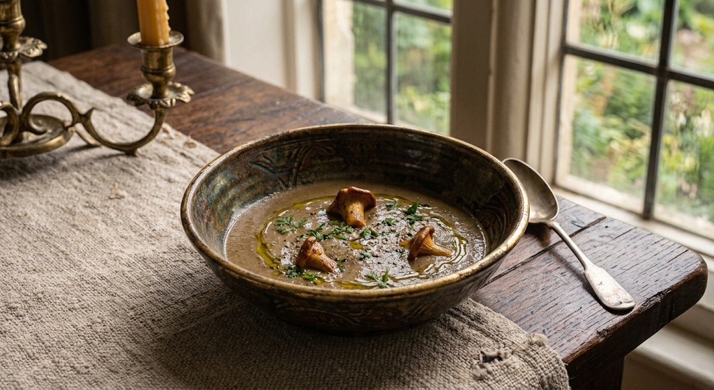 Mushroom soup topped with mushrooms and herbs in a ceramic bowl beside a window.