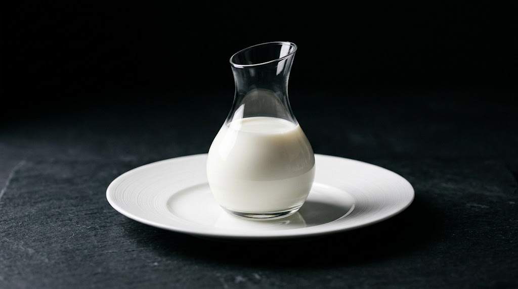 Milk in a glass carafe on a white plate against a dark background.