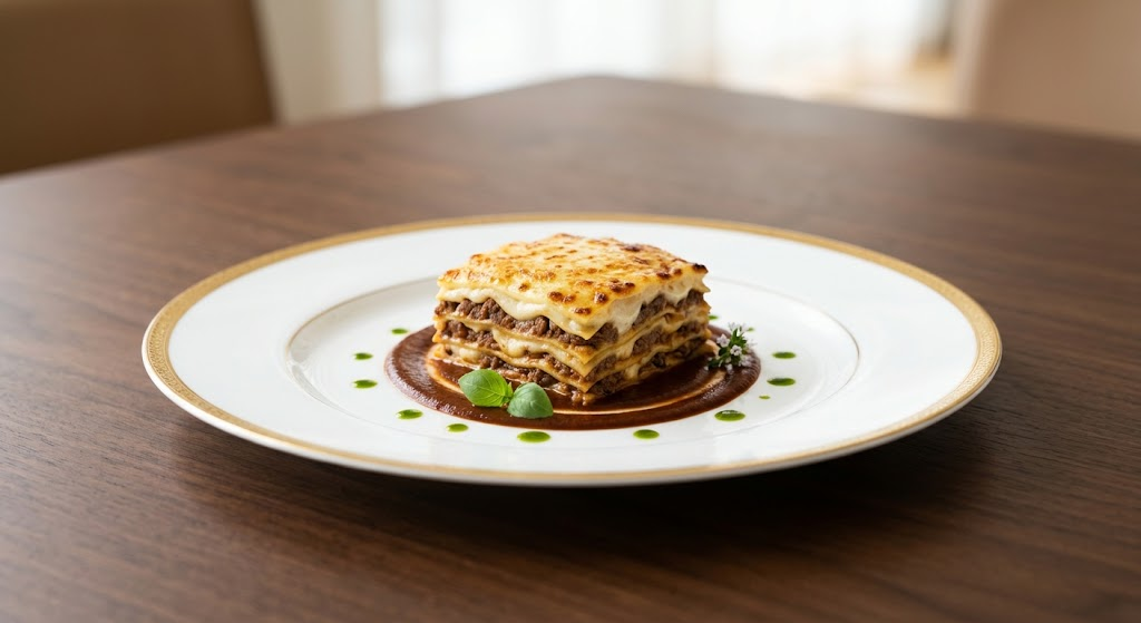 A layered lasagne with browned cheese, sauce and herbs on a white plate.