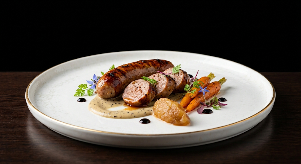Grilled sausage and sliced sausage served with carrots and sauce on a white plate.