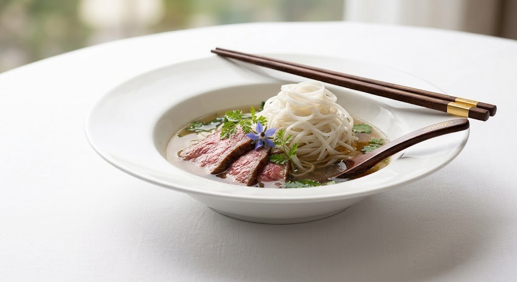 Noodle soup with sliced beef and herbs in a white bowl, with chopsticks and a wooden spoon.