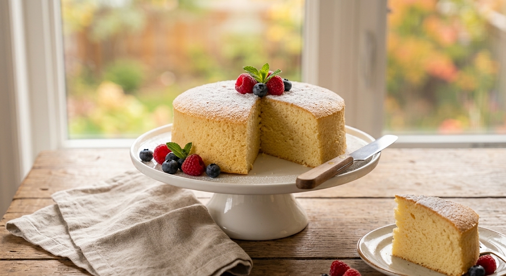 A sliced sponge cake dusted with icing sugar and topped with berries on a cake stand, with a slice on a plate.
