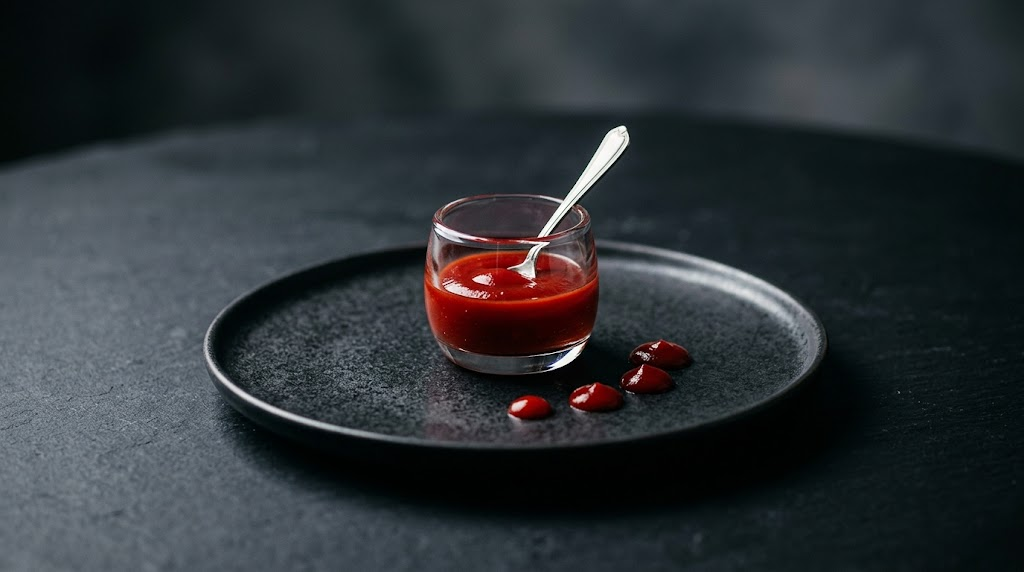 Red sauce in a small glass with a spoon, with drops of sauce on a dark plate.