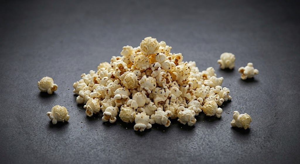 A pile of popcorn with scattered popped kernels on a dark grey surface.