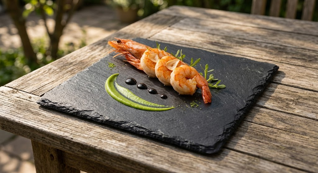 Cooked shrimp with green sauce and herbs on a black slate plate on a wooden table.