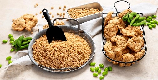 Textured soy protein with soybeans and green soybean pods