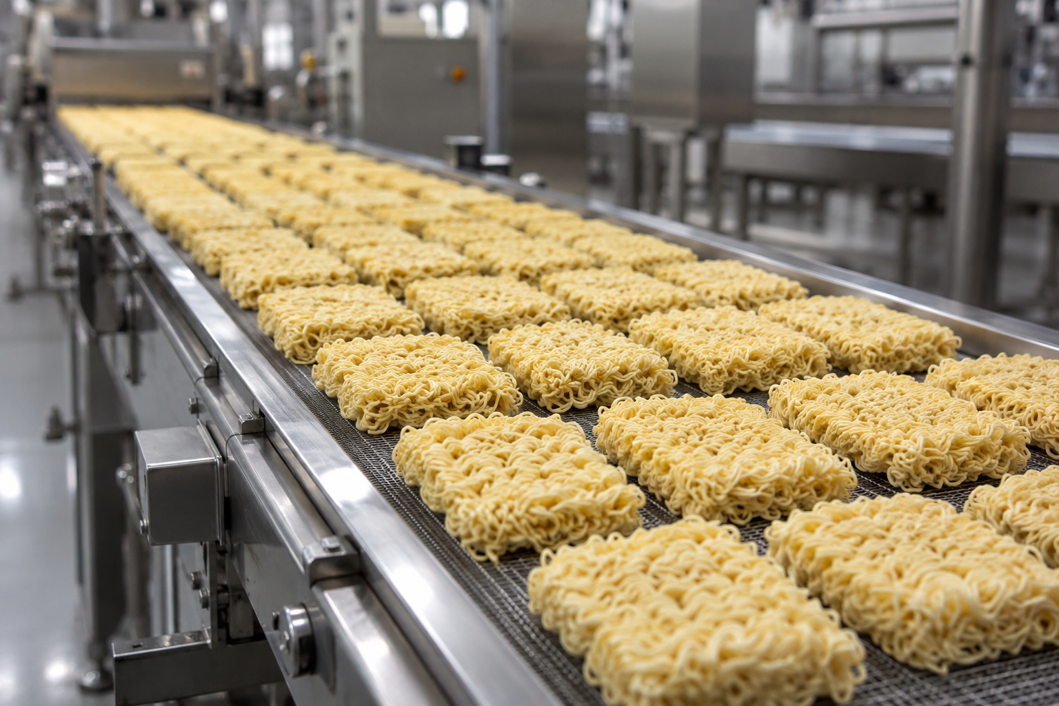 AI-generated illustration of instant noodle cakes on a stainless-steel production conveyor