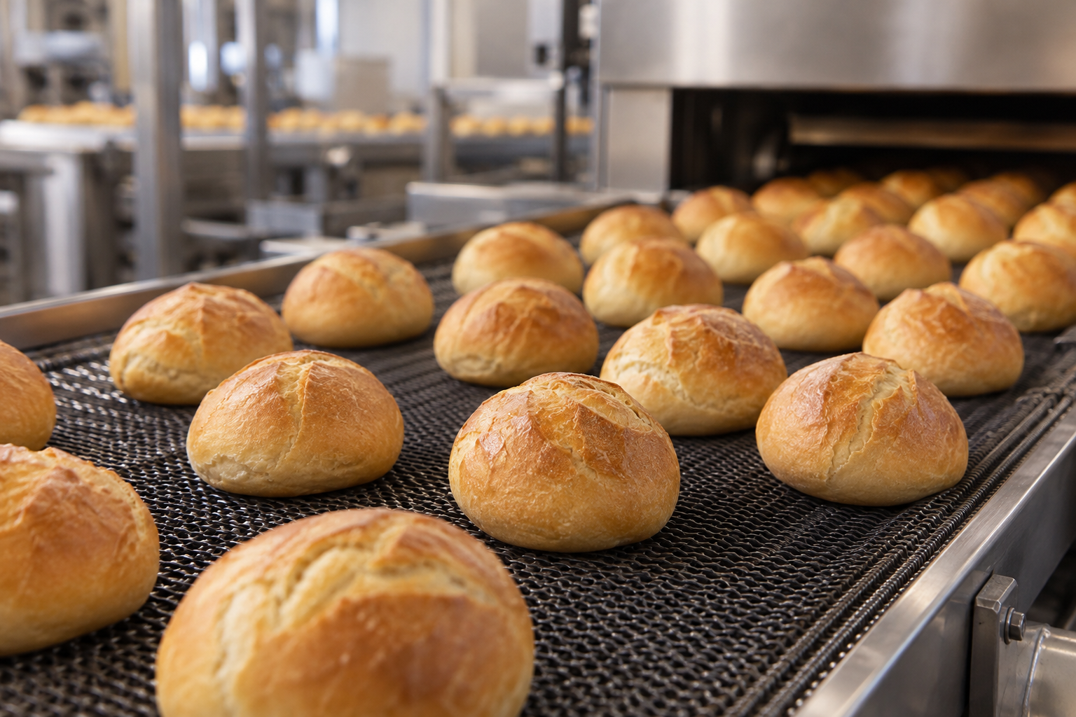 AI-generated illustration of golden bread rolls on a bakery conveyor