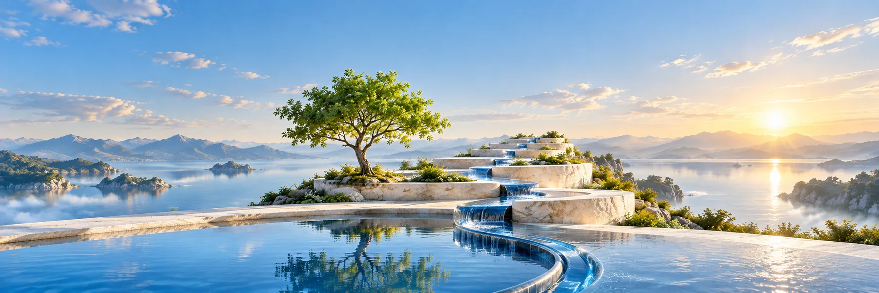 A flourishing tree beside rising terraces and flowing water, a symbol of growth and possibility.
