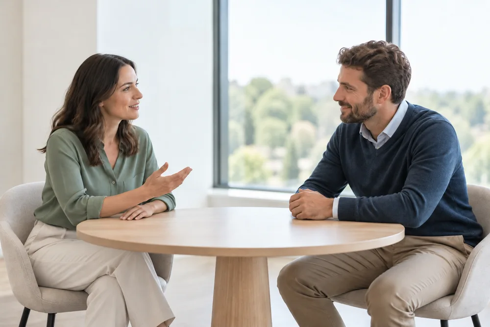 Two colleagues discussing sales around a clear round table.