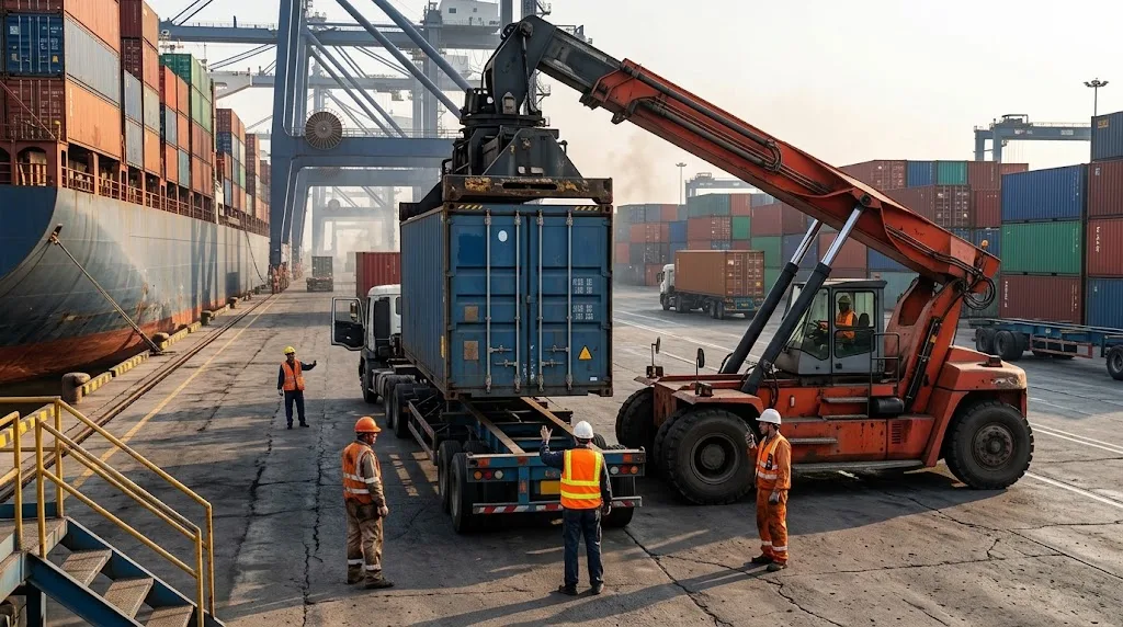 Port workers coordinate a reach stacker loading a shipping container onto a truck.