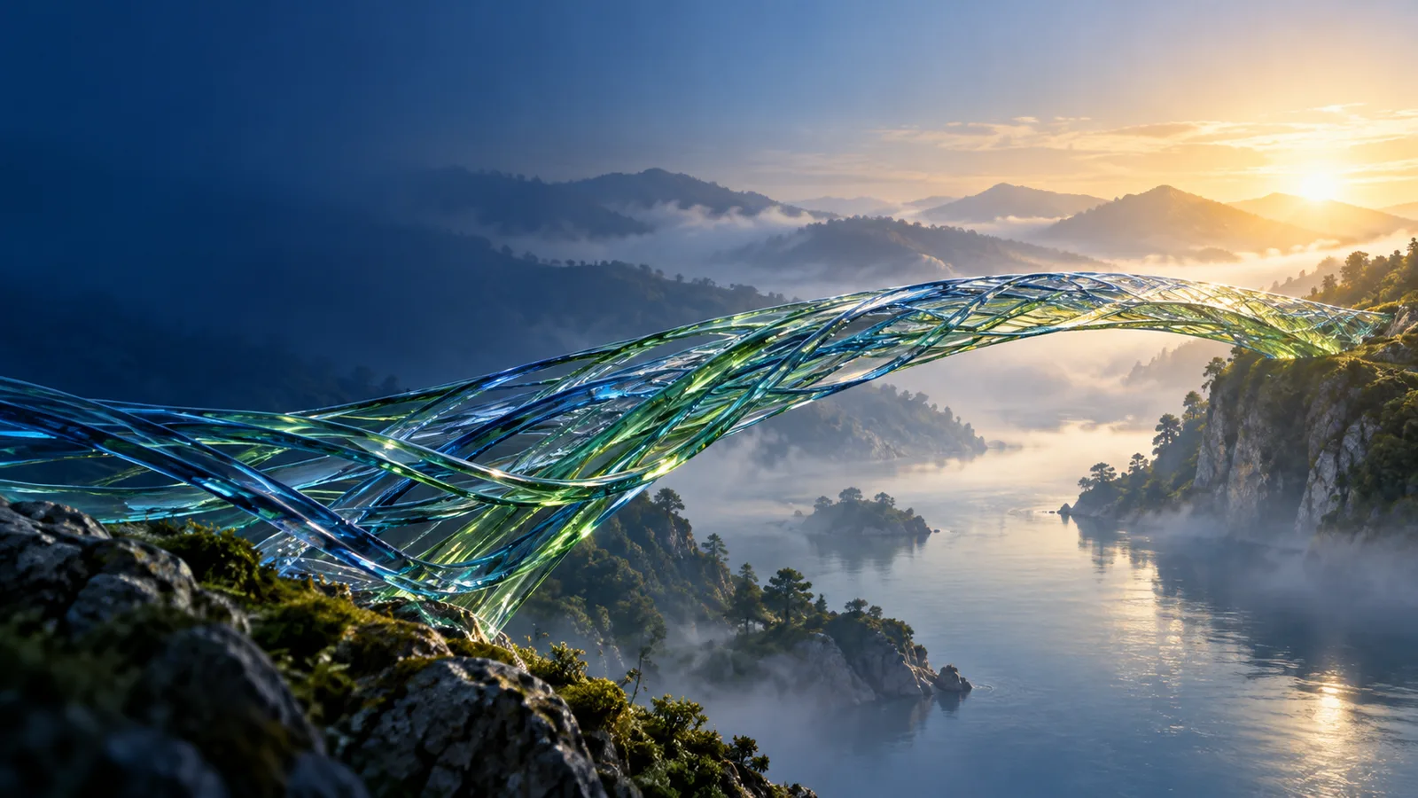 Blue and green strands form a bridge toward a sunlit horizon, a symbol of shared strength.