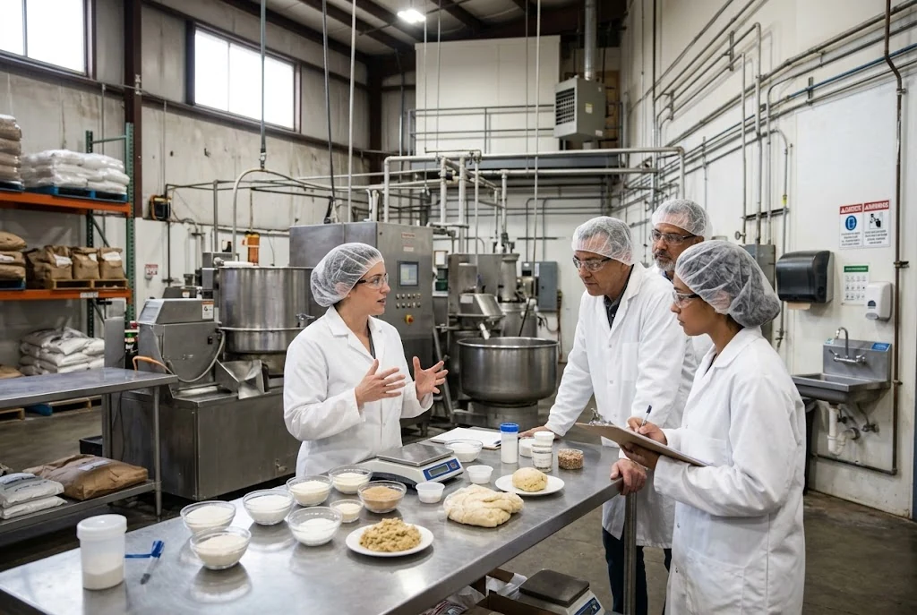 A technical specialist discussing ingredient samples with a food production team
