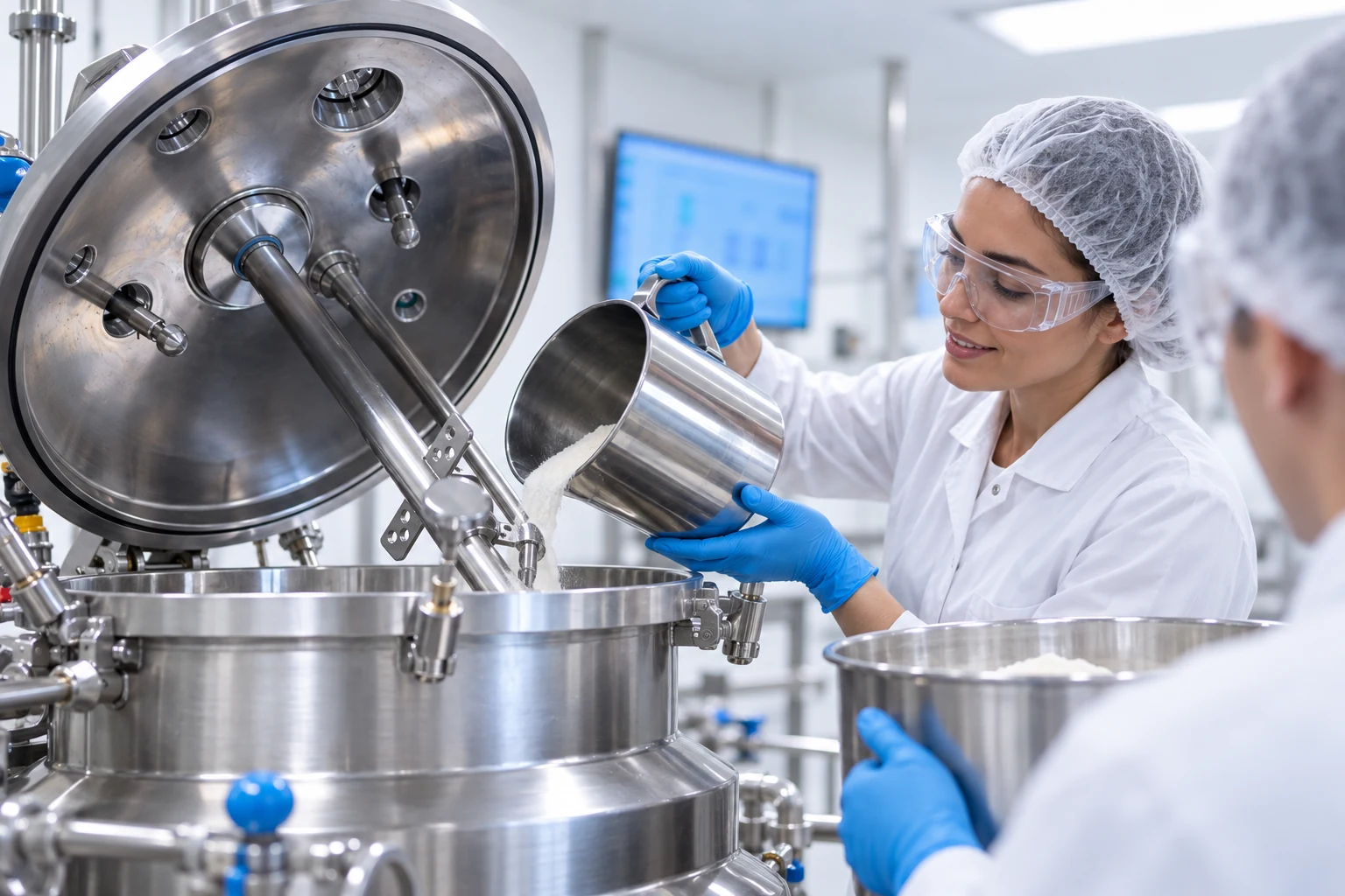 Food technicians adding a measured ingredient to a stainless-steel processing vessel