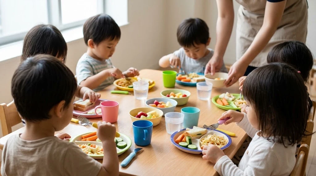 Children sharing a meal with vegetables and fruit as a caregiver serves food