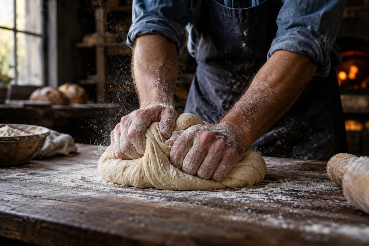 A baker working bread dough by hand on a floured workbench